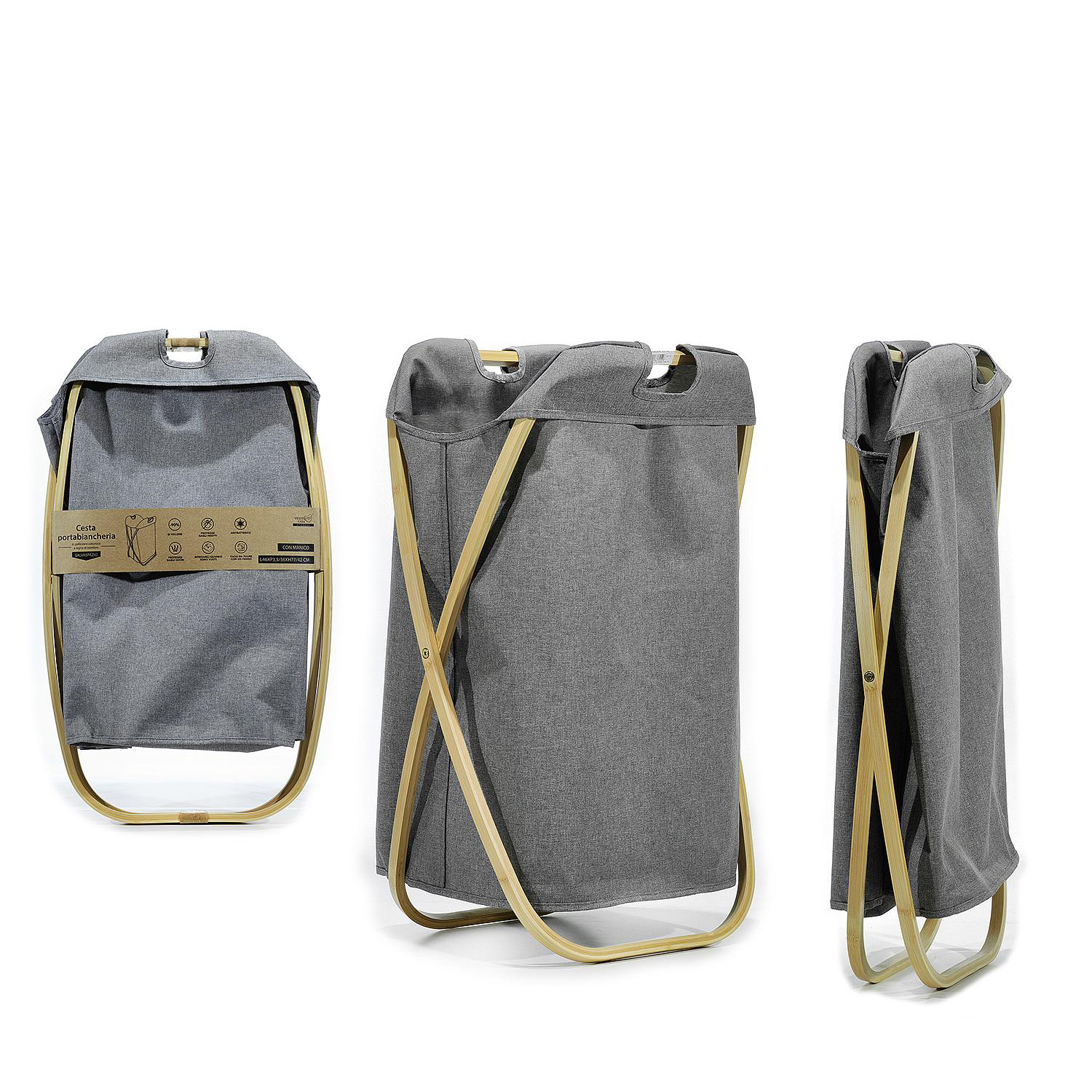 605336gt Καλάθι Απλύτων Πτυσσόμενο Με Polyester 600D Θήκη Γκρι/Φυσικό Ύφασμα/Ξύλο 46x36x72cm-AR06511253 - Image 1