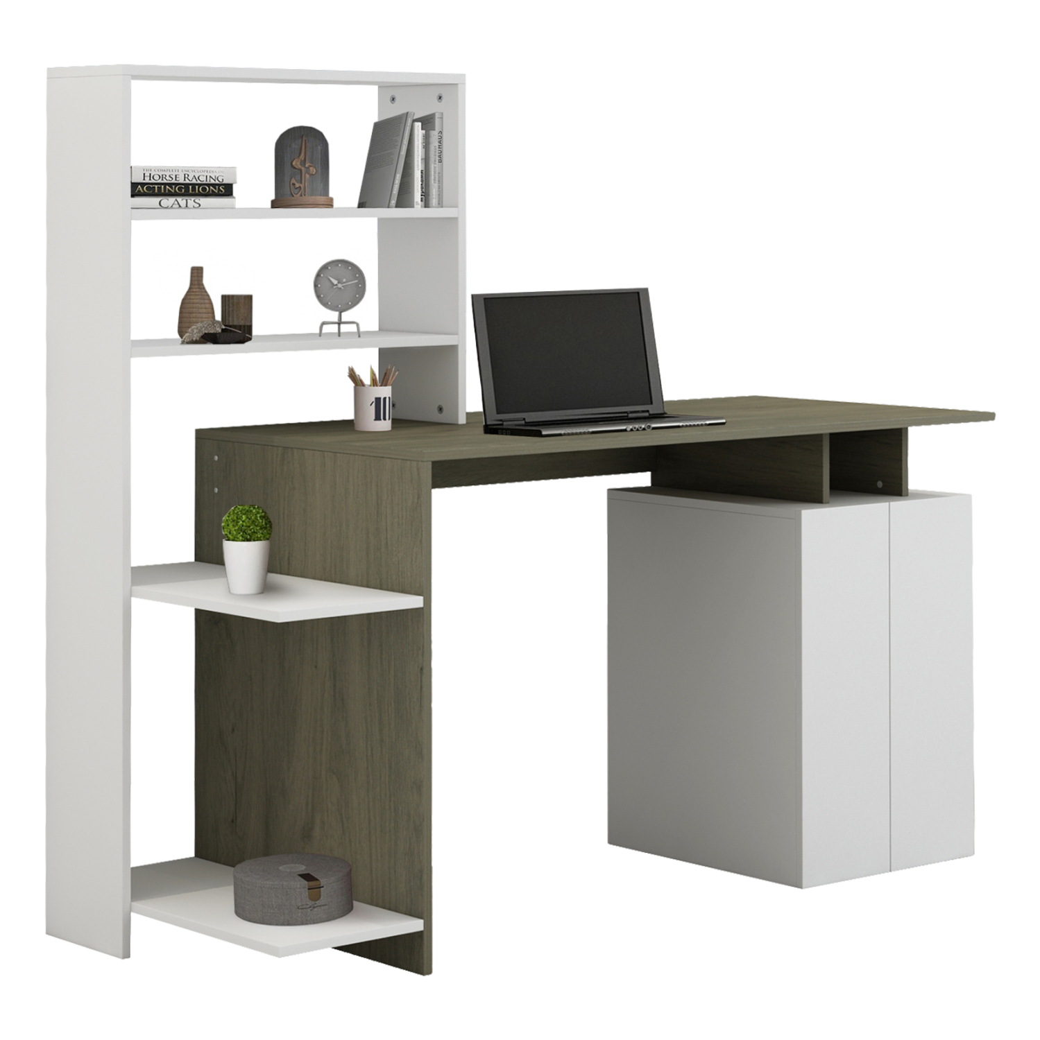 grafeio-me-bibliothiki-melamini-olive-gr ΓΡΑΦΕΙΟ ΜΕ ΒΙΒΛΙΟΘΗΚΗ ROCHELL ΜΕΛΑΜΙΝΗ OLIVE GREY ΛΕΥΚΟ 146,3x55x128,8Υεκ.HM8886.11 - Image 1