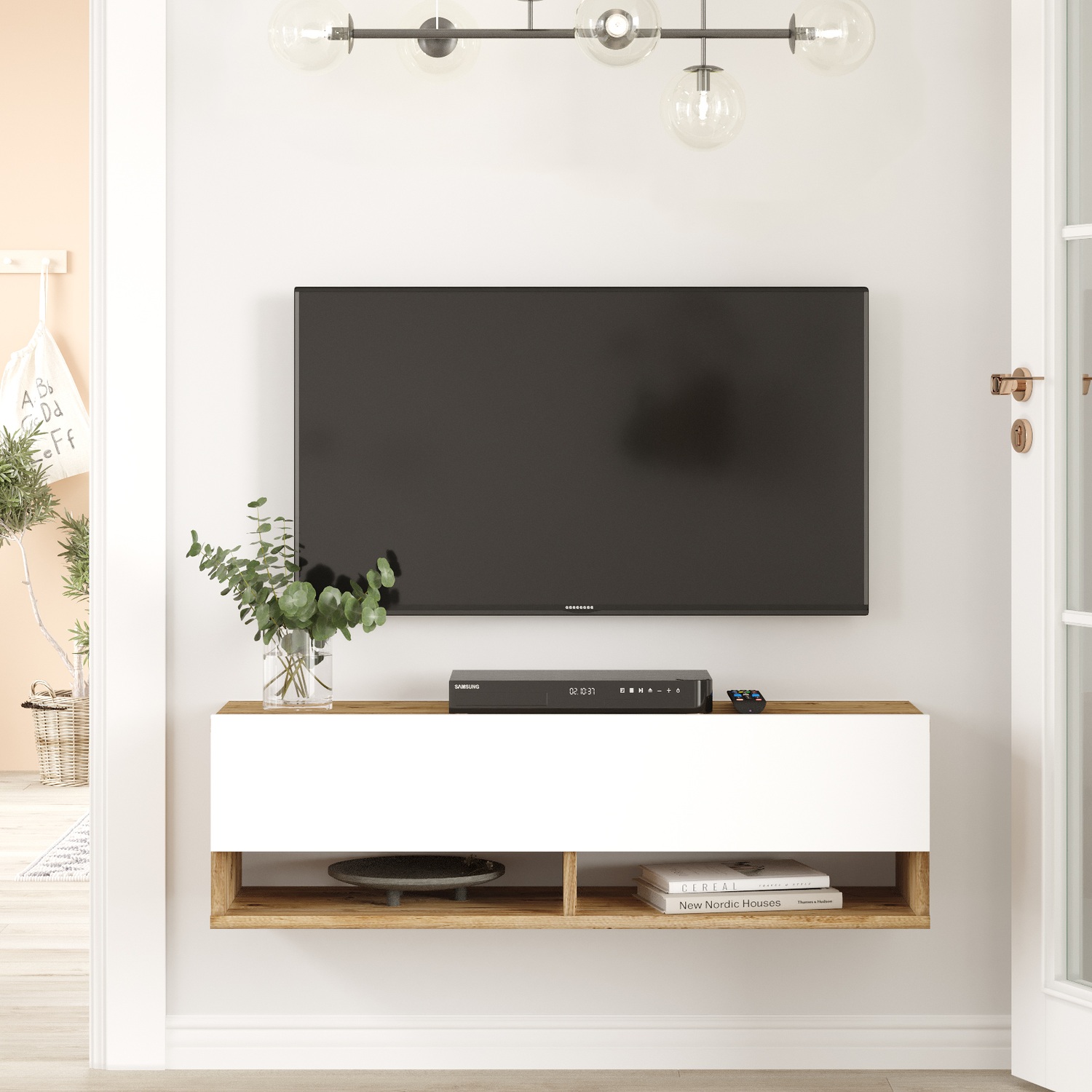 15350045 Έπιπλο Τηλεόρασης ArteLibre BEXLEY Πεύκο/Λευκό Μοριοσανίδα 100x31.6x29.6cm-AR15350045 - Image 1