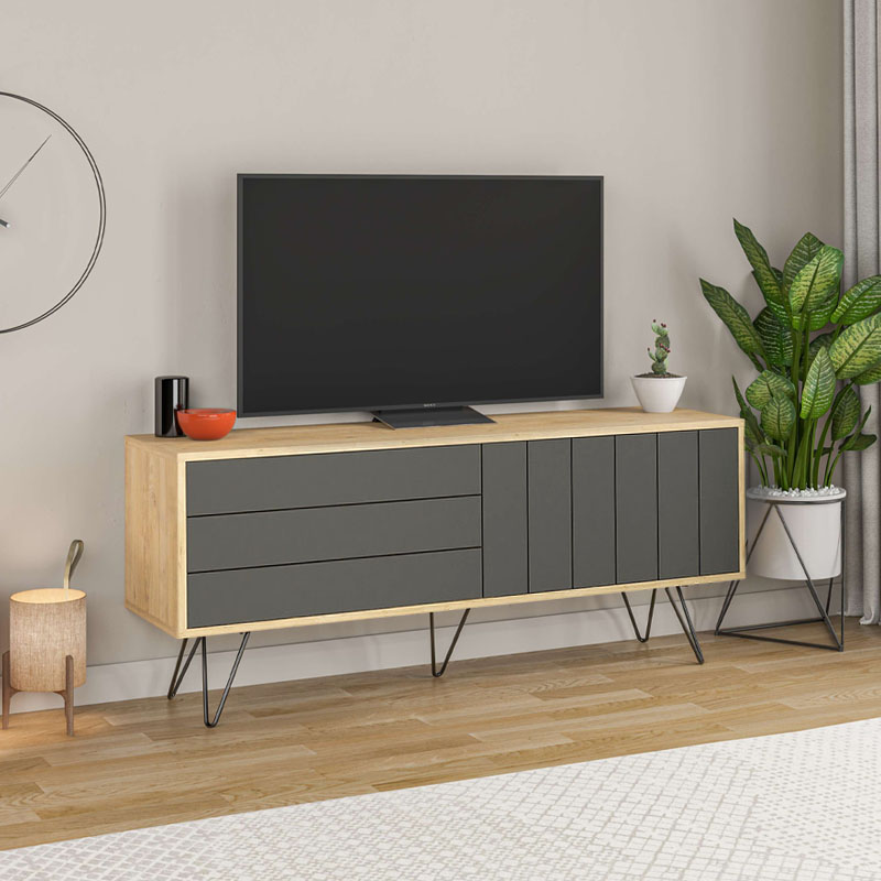 GP037-00381-0 Έπιπλο τηλεόρασης Picadilly Megapap από μελαμίνη χρώμα φυσικό οξιάς/ανθρακί 139x36x57εκ. - GP037-0038,1 - Image 1