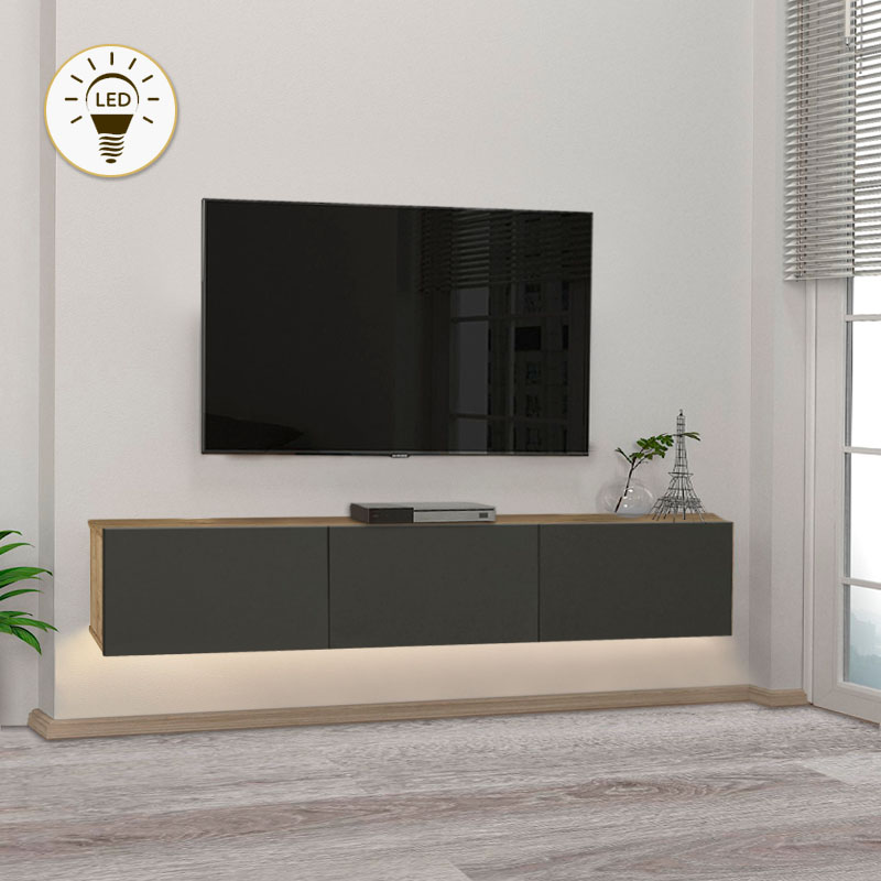 GP042-01694-0 Έπιπλο τηλεόρασης επιτοίχιο Damla Megapap μελαμίνης με LED χρώμα sapphire oak - ανθρακί 180x29,5x29,5εκ. - GP042-0169,4 - Image 1