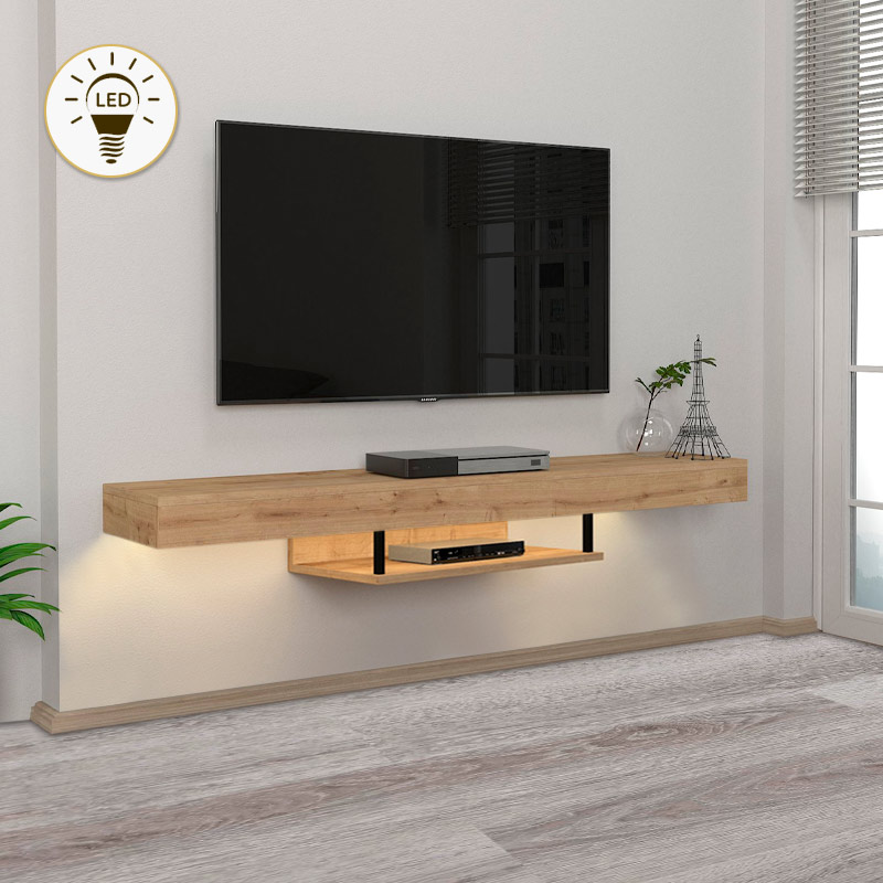 GP042-01861-0 Έπιπλο τηλεόρασης επιτοίχιο Albares Megapap από μελαμίνη με LED χρώμα sapphire oak 150x29,6x22εκ. - GP042-0186,1 - Image 1