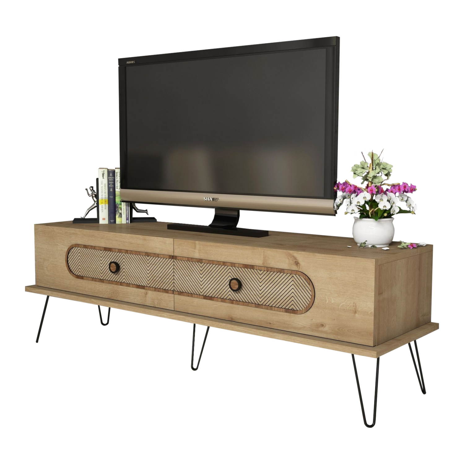 epiplo-tileorasis-fb9951102-melaminis-fy ΕΠΙΠΛΟ ΤΗΛΕΟΡΑΣΗΣ HM9511.02 ΜΕΛΑΜΙΝΗΣ ΦΥΣΙΚΟ OAK ΧΡΩΜΑ ΜΕΤΑΛΛΙΚΑ ΠΟΔΙΑ 145x40x45Yεκ. - Image 1
