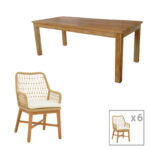 Τραπεζαρία 7τεμ Elaiza-Wooly   teak ξύλο σε φυσική-μπεζ απόχρωση 220x90x75εκ-PK343-000045